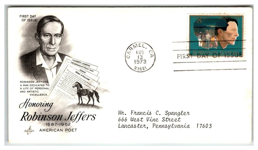 Scott #1490 Robinson Jeffers 1973 First Day Cover FDC Artcraft Unaddressed